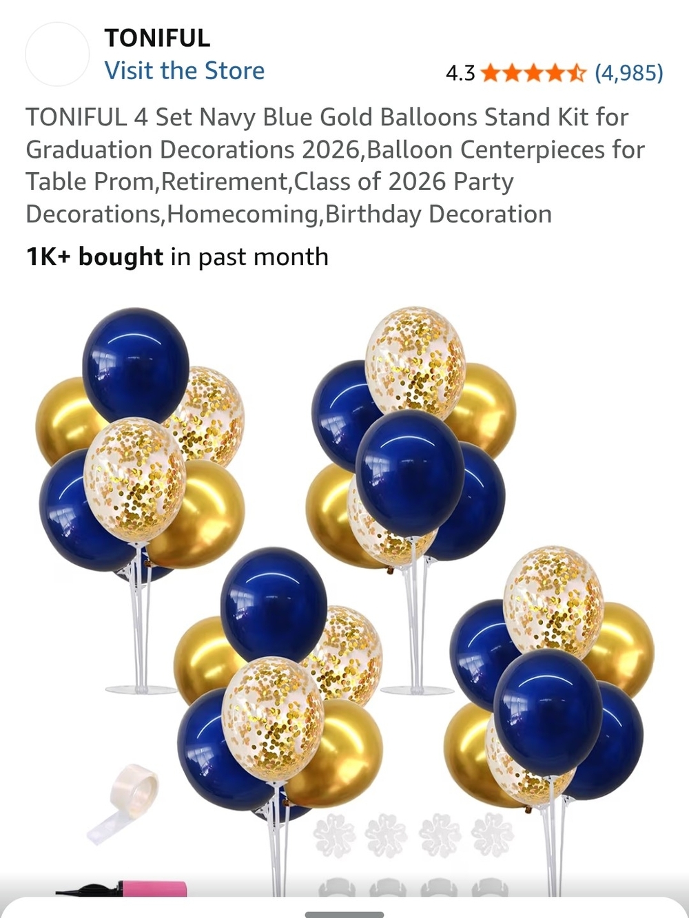 Navy Blue and Gold Balloon Centerpiece Set - 4 Pack